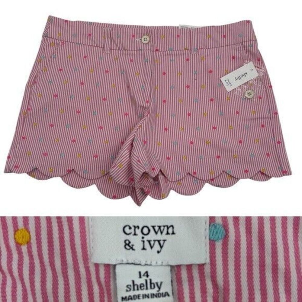 Crown & Ivy Light Pink Striped & Polka Dot Scalloped Hem Shelby Shorts NWT Sz 14